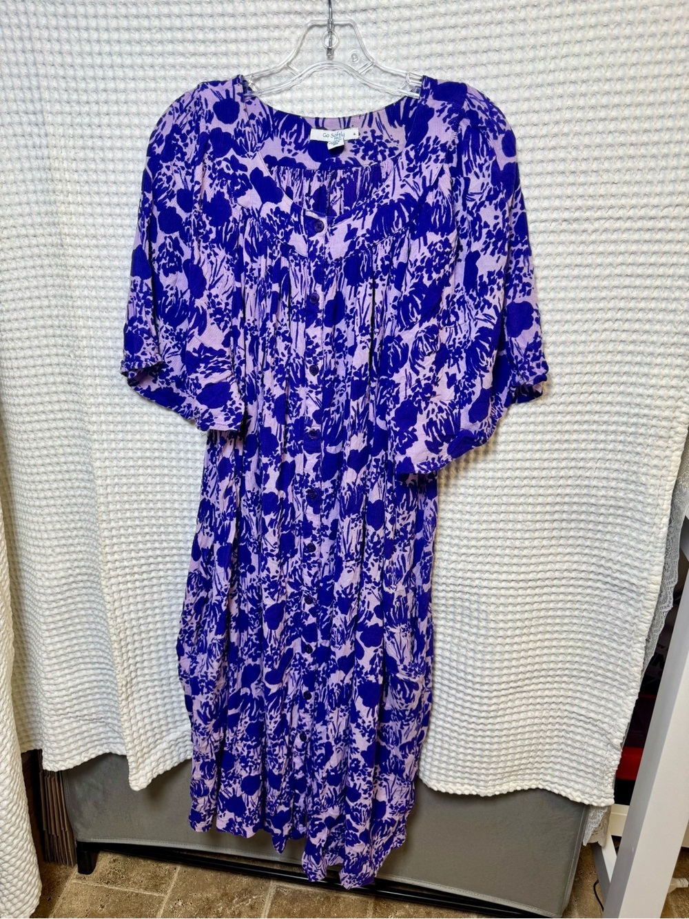 Go Softly Patio Dress XL Purple Blue Floral Crinkle Rayon Button Front Midi